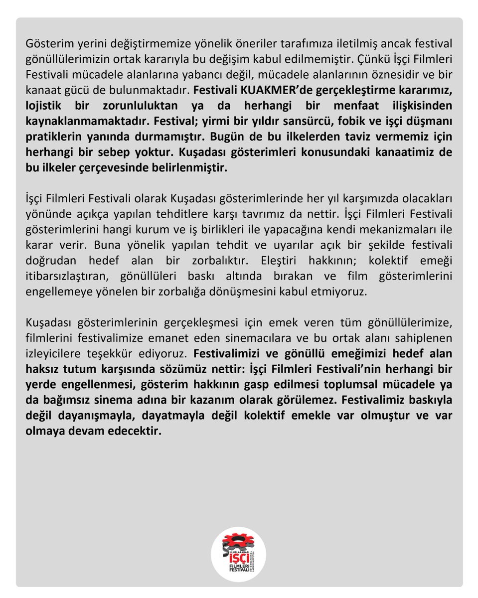 iscifilmfest's tweet photo. Kuşadası İşçi Filmleri Festivali'nin zorbalıkla fiilen engellenmesini kınıyoruz https://t.co/mNTsf1tud2
