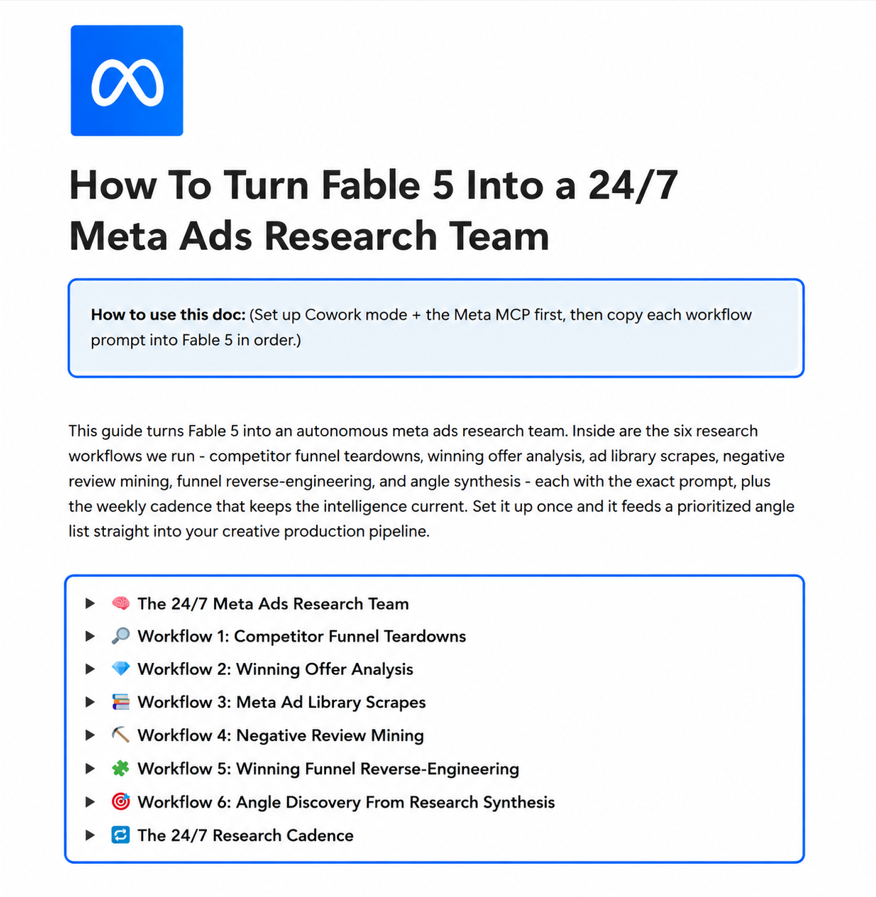zackpaid's tweet photo. been running our ENTIRE meta ads research inside 1 fable 5 project…

and gotta say it’s absolutely cookin’

we replaced 20h/week of FB library digging with a 30s brief produced by 5 prompts, 1 skill file and meta’s MCP

basically cracked the code for finding winning ad funnels, why they worked and modeling it to your biz AT SCALE

and i’ll be sharing the FULL step-by-step system with YOU now

(might regret it but f*ck it)

here's what's inside:

> the funnel teardown prompt having fable 5 click through a competitor's entire flow from ad to conversion and reverse-engineer WHY each page works, not just what it looks like

> the ad library scrape surfacing every 30+ day active ad in your category and handing you a gap analysis of the angles nobody is running

> the negative review mining workflow pulling "the advisor who actually talks to you" out of a single 20-minute session for a financial advisory client, straight from their competitors' 1-star reviews

> the winning funnel reverse-engineering prompt extracting the belief-shifting order and objection sequence behind a competitor's best-performing page

> the full 24/7 research cadence: weekly ad library refreshes, bi-weekly review mining, monthly funnel teardowns, all running autonomously in cowork

all backed by $10,000,000+ generated for businesses via meta ads funnels

like + comment "FABLE" and i'll send everything over

(must be following + RT for priority access)