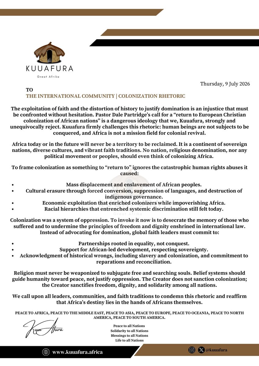 Kuuafura's tweet photo. Kuuafura unequivocally denounces Pastor Dale Partridge's call for a "return to European Christian colonization of African nations." https://t.co/CHxSFMwjK8