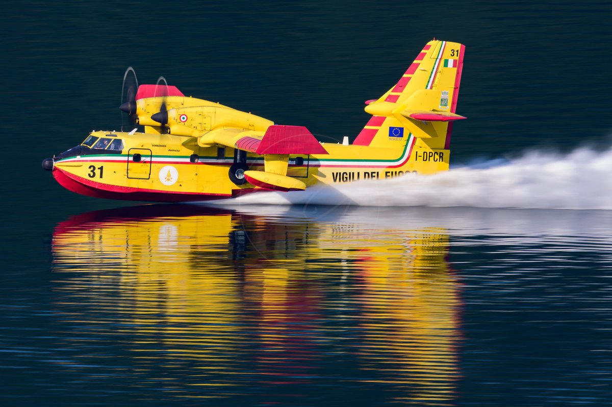 airwaysmagazine's tweet photo. 🔴 Italy's amphibious water-bombers, the Canadair CL-415, operated by Vigili del Fuoco, perform over 5,000 missions a year. Two aircraft, I-DPCR and I-DPCW, are captured here by photographer Lorenzo Giacobbo as they fly above Lago d'Orta. #Airways #Aviation https://t.co/2vVOjkobmc