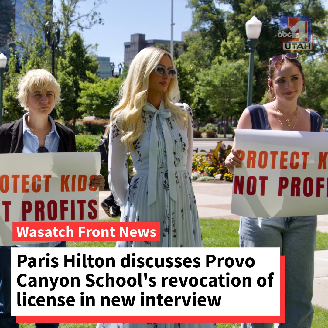 abc4utah's tweet photo. Days after the Utah Department of Health and Human Services revoked the license for Provo Canyon School's Springville Campus, Paris Hilton sat down with ABC's Nightline to discuss her response to the school shutting down.

Full story: https://t.co/Mapp8N0eJx https://t.co/jPhqNTPLXa