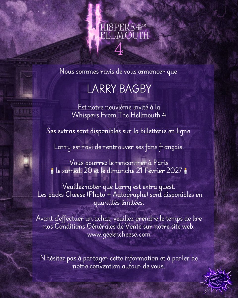 GeeknCheese's tweet photo. 🔮 Larry BAGBY🔮 est notre 9ème invité de la #WFTH4 les 20 et 21 Février 2027 à Paris
🔮Larry BAGBY🔮 is our 9th guest for #WFTH4 - Feb. 20&21, 2027 in Paris
🎟 : https://t.co/xq9i8Nty0M
#gnc #larrybagby #btvs #convention #geekncheese #buffy https://t.co/36Lp3taIrM