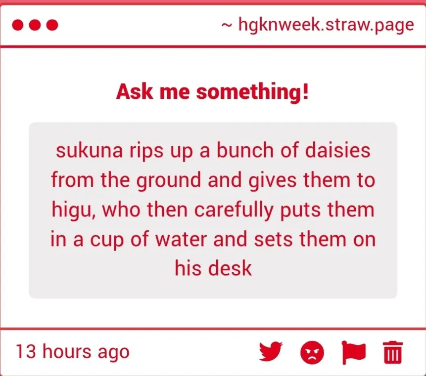 hgknweek's tweet photo. oh heavy nod

he rips them from the ground without thinking, the yellow so strongly reminding him of his sunflower. when he sees them alive and well on higu's desk, days later, a sense of pride whelms him. his love, made physical, still strong. he'd like that #higukuna #sukuhigu https://t.co/Utw9BFP8No