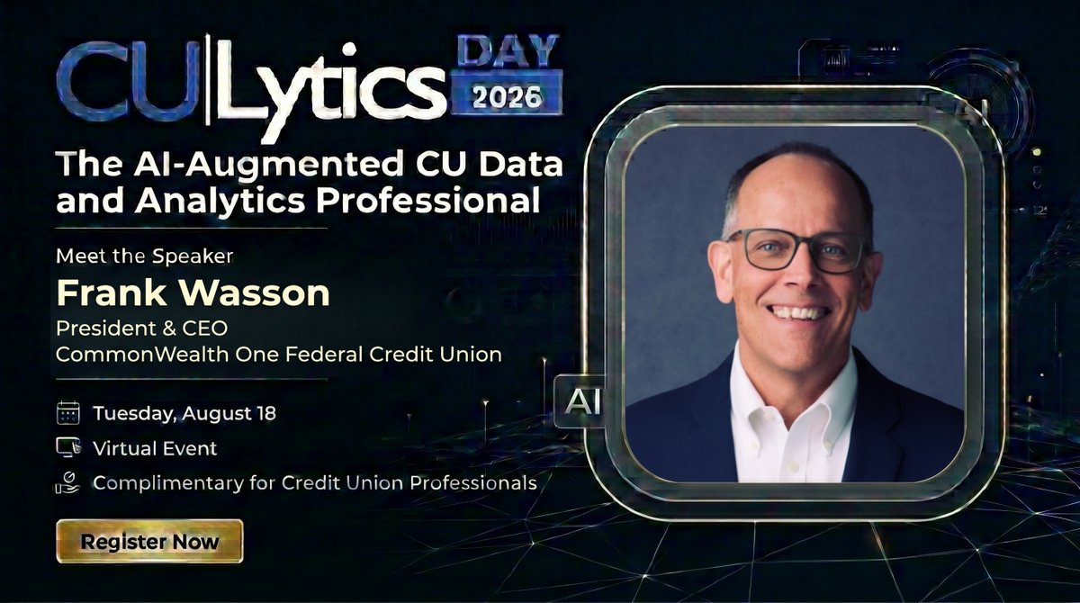 culytics's tweet photo. AI is reshaping credit unions—and leadership is key to helping teams adapt. Hear Frank Wasson, President &amp; CEO, @COFCU at #CULyticsDay2026. Aug. 18 | Virtual | Free for CU professionals. Agenda: https://t.co/noeR86C6um #CreditUnions https://t.co/XBz4NyJz1A