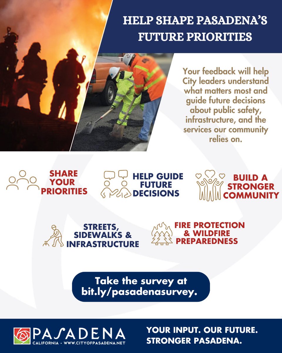 PasadenaGov's tweet photo. The City of Pasadena is seeking community feedback on priorities for Fire Department services, emergency response infrastructure, street maintenance, and transportation infrastructure. Responses will help the City better understand resident priorities, service expectations, and infrastructure investment needs. To submit your feedback, please visit https://t.co/Q4qyAv6SMn