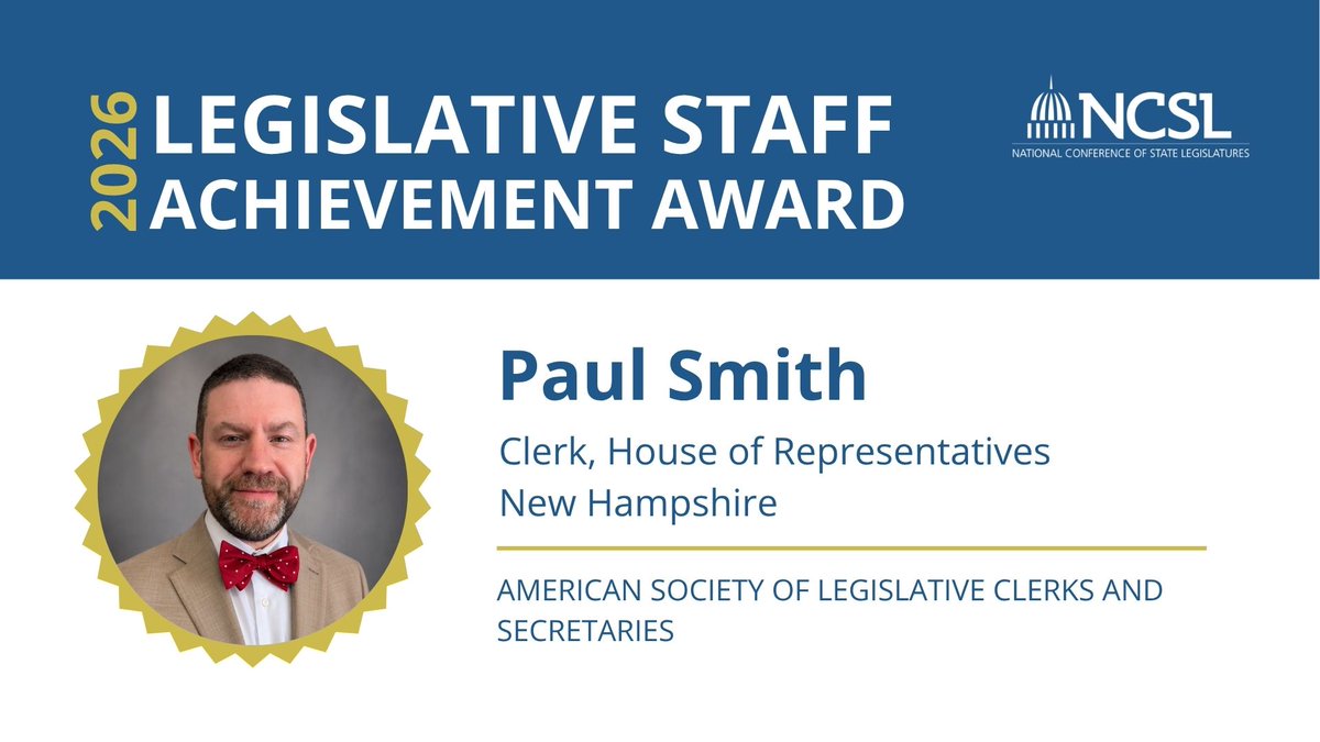 NCSLorg's tweet photo. NCSL is excited to announce Paul Smith, Clerk of the New Hampshire House of Representatives as the recipient of the American Society of Legislative Clerks and Secretaires award!

Read more about Smith here and other LSAA recipients here https://t.co/egRE5iGiEE https://t.co/LlmlkvuUem