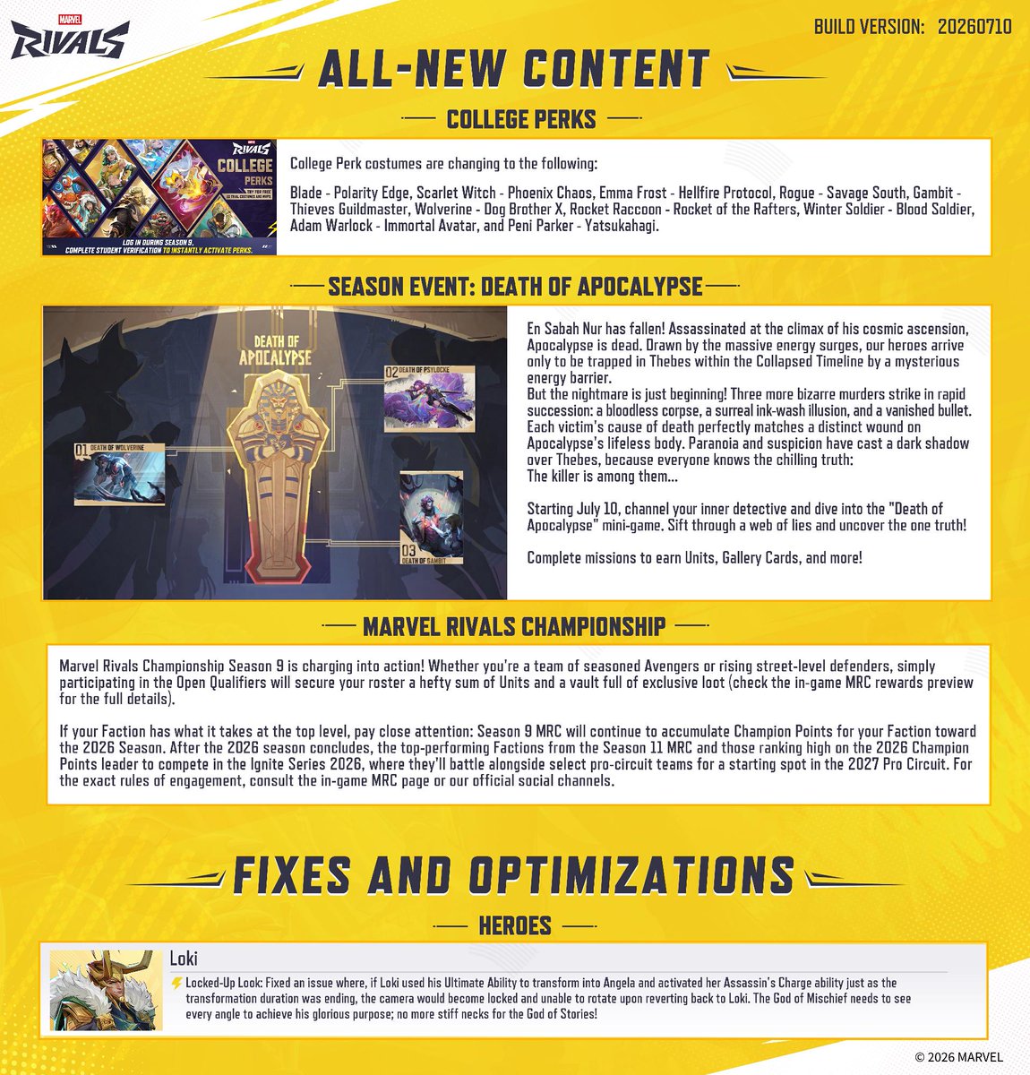 MarvelRivals's tweet photo. Our latest patch notes arrive on July 10th alongside the release of Season 9 of Marvel Rivals! 📜

Check out all the latest changes, tweaks, and fixes arriving now: https://t.co/Kk4vWSAYNJ

Keep the battlefield ignited, Rivals. A new dawn of Marvel Rivals approaches.

*Maintenance will begin on July 10th, 9 AM UTC, and is expected to take approximately 2 hours.
*Please note that servers will be offline during this period, and the game will be inaccessible.
*Server return times may vary based on progress. Stay tuned for updates as we'll announce when they're back up on all social platforms!