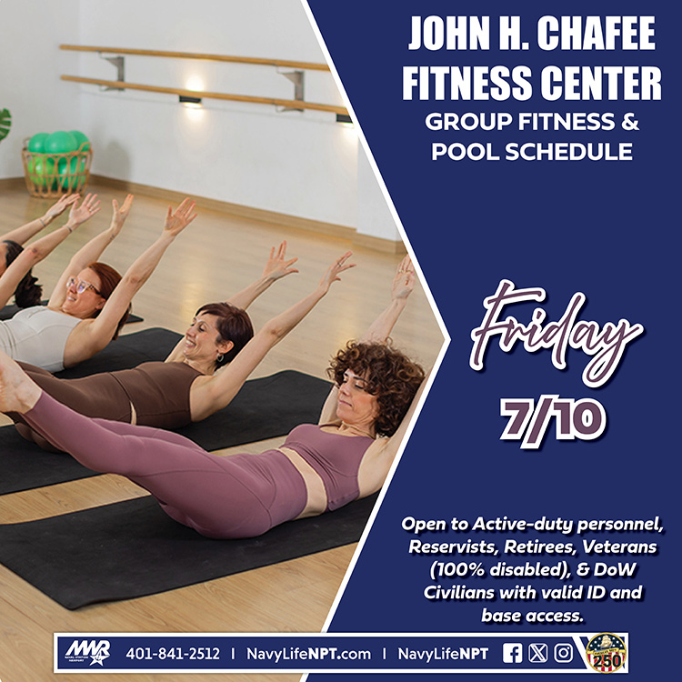 NavyLifeNPT's tweet photo. Friday's Group Fitness Schedule at the John H. Chafee Fitness Center:
 9 - 10 am   Body Sculpt
 5 - 6 pm   Yoga

Pool hours: 9 am - 6 pm (Limited lanes 9-10:30 am)
Open Swim for families: 3 - 6 pm 

#NAVSTANPTMWR #NavyLifeNPT #BodySculpt  #YogaClass #FamilySwim https://t.co/lSlfr9k8NU