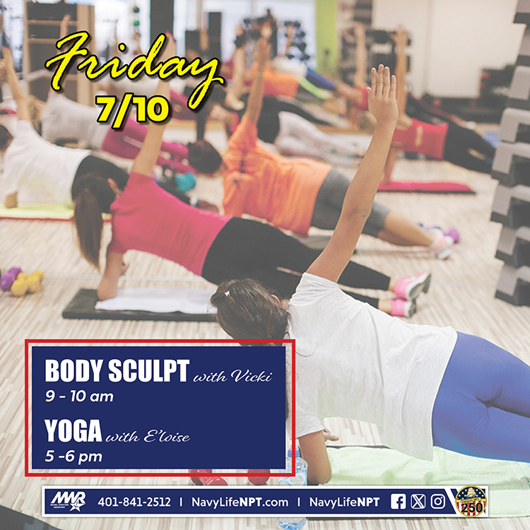 NavyLifeNPT's tweet photo. Friday's Group Fitness Schedule at the John H. Chafee Fitness Center:
 9 - 10 am   Body Sculpt
 5 - 6 pm   Yoga

Pool hours: 9 am - 6 pm (Limited lanes 9-10:30 am)
Open Swim for families: 3 - 6 pm 

#NAVSTANPTMWR #NavyLifeNPT #BodySculpt  #YogaClass #FamilySwim https://t.co/lSlfr9k8NU