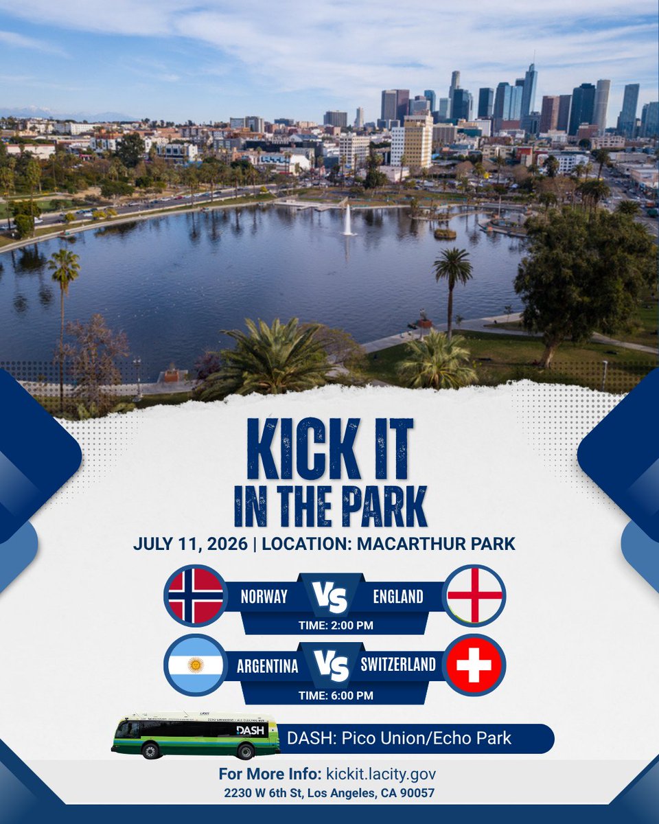 LADOTofficial's tweet photo. The biggest matches are here, and the upcoming Kick It in the Park city watch parties are the perfect spots to catch the action! Join the crowd for giant-screen viewing and fan energy.
Reminder: Skip the traffic, take @ladottransit DASH to get there! 
➡️ https://t.co/BpH0DKukWm https://t.co/bROa1Oaz8O