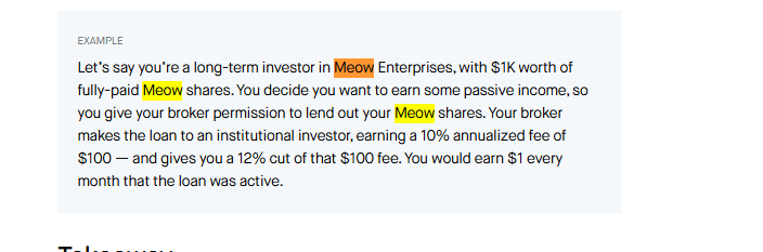 shalompnl's tweet photo. using the web archive machine, i went back to all official robinhood webpages and i found something interesting, there is a consistent example ticker called "MEOW" on almost all their websites and applications. 

"Let's say you're a long-term investor in Meow Enterprises, with $1K worth of fully-paid Meow shares. You decide you want to earn some passive income, so you give your broker permission to lend out your Meow shares. Your broker makes the loan to an institutional investor, earning a 10% annualized fee of $100 — and gives you a 12% cut of that $100 fee. You would earn $1 every month that the loan was active.

This ticker and company name (Meow Enterprises) is mentioned so many times, DD the links for proof 

https://t.co/m9HmEsyuYT

https://t.co/oxzsO3qNEL