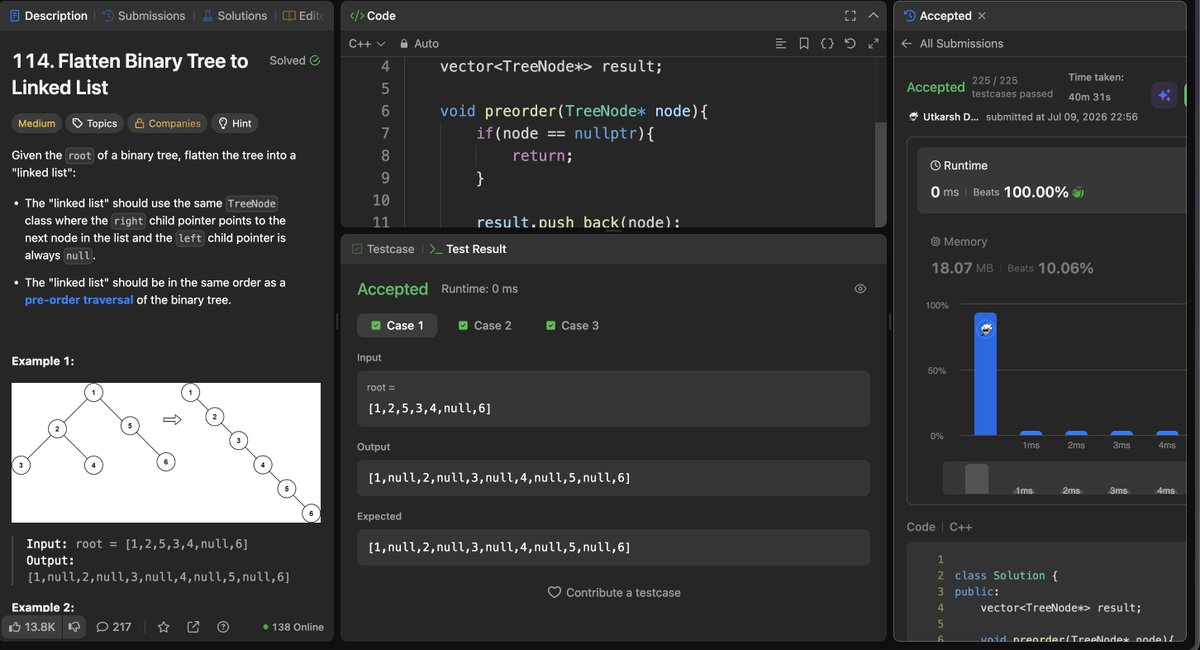 dubeytech_'s tweet photo. Day 39/45 of the #SDESheetChallenge done !!
only 6 days remaining, can't believe it. What a nice challenge to be consistent 😁✌️
today's questions were :
1. Symmetric Binary Tree
2. Flatten a Binary Tree into a Linked List
3. Children sum in binary tree property
@takeUforward_ https://t.co/Dn99L2xYTC