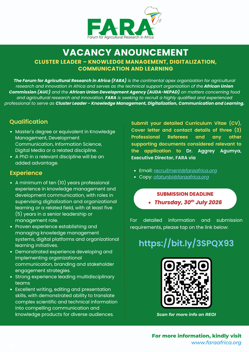 FARAinfo's tweet photo. We're Hiring!

FARA is recruiting a Cluster Leader – Knowledge Management, Digitalization, Communication &amp; Learning.

🗓 Apply by 30 July 2026 via 🔗 https://t.co/Qr9BEBPDpo

#KnowledgeManagement #DigitalTransformation #NowHiring https://t.co/9iLXB8z8mS