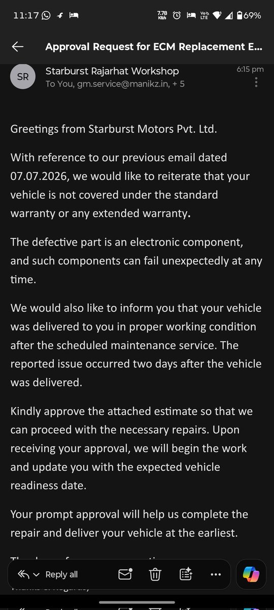 BoseSatya90's tweet photo. 27 Jun'26: Vehicle serviced. 28 Jun'26: Engine warning light &amp; drivability issues. Advised to drive home, but the car jerked on the way. 29 Jun'26: Vehicle picked up. Over a week later, I'm still being asked to pay for ECM replacement. Very disappointing. @Maruti_Corp https://t.co/ocqnrroNgQ
