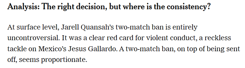 dremx_04's tweet photo. @OliverKay Why is it "entirely uncontroversial" though? I'm Mexican, and I think it was simply a reckless tackle warranting a one-game suspension. I disagree it seems proportionate, especially as two-game bans are rare (usually reserved for aggressions). https://t.co/6UtvPJEcg6