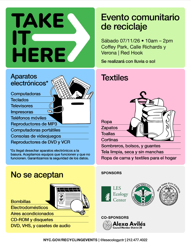 CMAlexaAviles's tweet photo. This Saturday: Recycle Your E-Waste! ♻️

With LES Ecology Center and @NYCSanitation, we’ll be helping to clear out your clutter this weekend. Bring any of the listed materials to Coffey Park for recycling! https://t.co/aQvWeUHk50