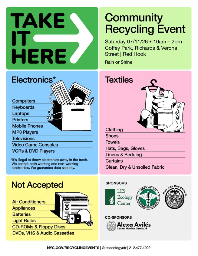 CMAlexaAviles's tweet photo. This Saturday: Recycle Your E-Waste! ♻️

With LES Ecology Center and @NYCSanitation, we’ll be helping to clear out your clutter this weekend. Bring any of the listed materials to Coffey Park for recycling! https://t.co/aQvWeUHk50