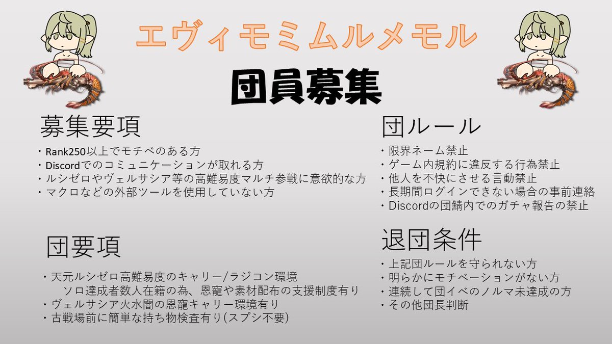 ponko2_gbf's tweet photo. @Lily_plus 団活タグより失礼いたします
弊団はいかがでしょうか？
Discord必須(vcは任意)で、予選1億最終15万位内のA帯団です
団内でヴェルサシアまで討伐済み、ルシゼロの放置狩りやソロクリア者による恩寵配布も可能で相談環境もあります
詳細は画像の通りになります
ご一考のほどよろしくお願いいたします https://t.co/LAdtYZke0x