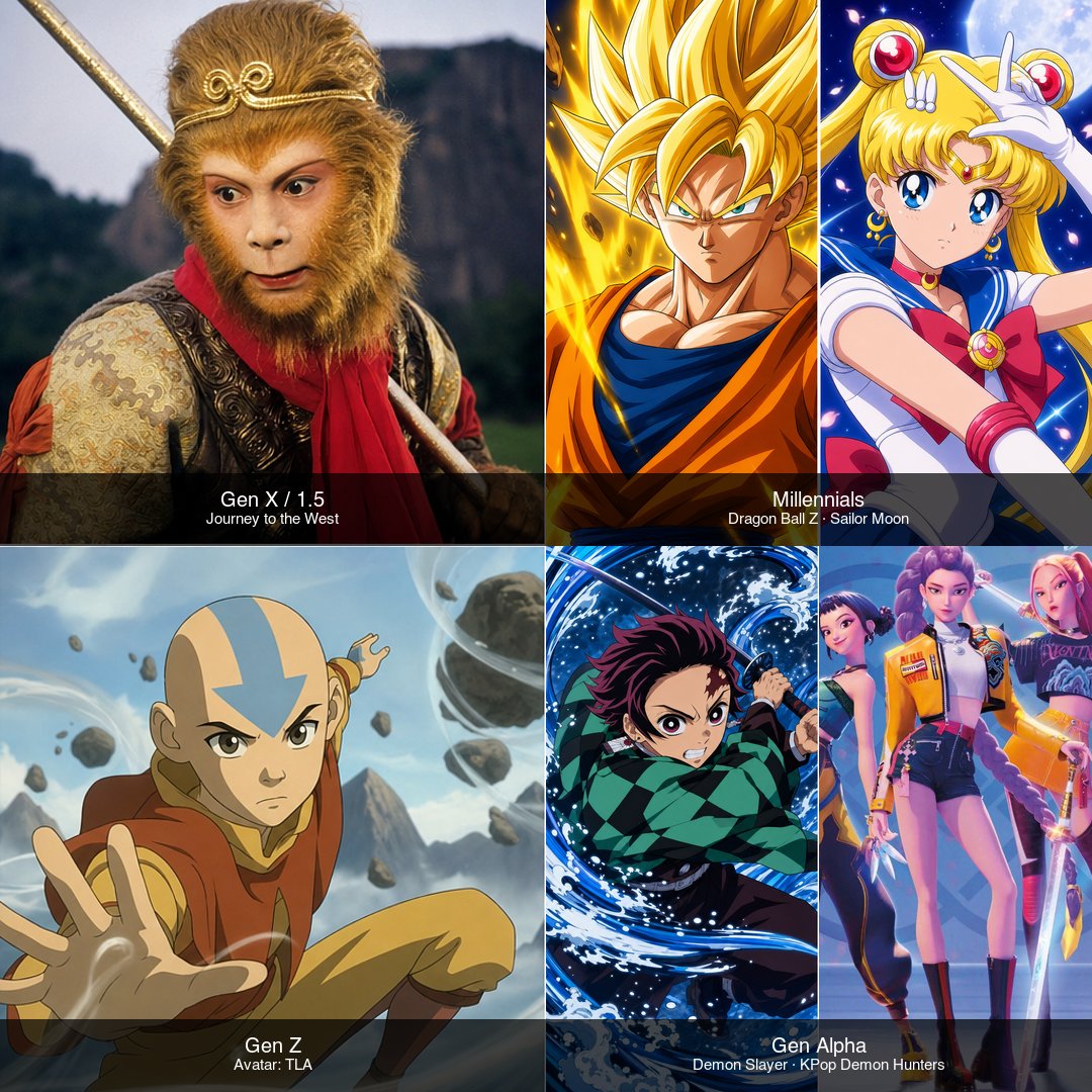 baohouse's tweet photo. Across the Generations: Mythological Worlds.
Gen X—Journey to the West
Millennials—Dragon Ball Z; Sailor Moon
Gen Z—Avatar: The Last Airbender
Gen Alpha—Demon Slayer; KPop Demon Hunters
Exploring the rhymes across generations to help design multigenerational experiences. https://t.co/wNM160kaYk