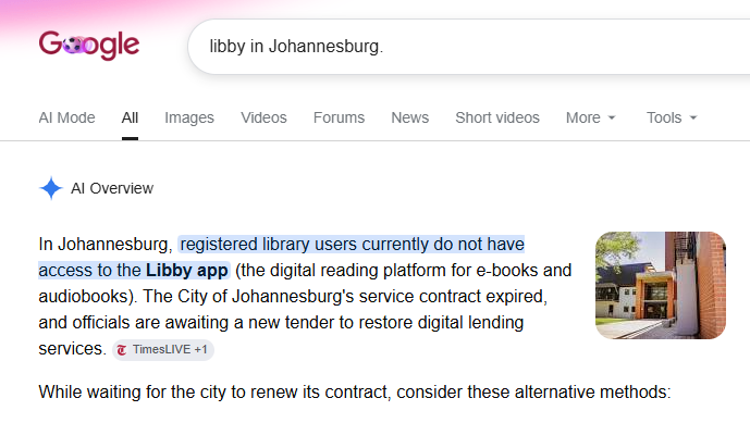 ReaderWorld7's tweet photo. @CityofJoburgZA administration. Bad for libraries.
E.g.
- @LibbyApp(the audio &amp; ebook service) no longer works JHB library card holders
- Toilets no longer have sanitary pad bins 
- No plastic covers for new books

BECAUSE... tenders!!!! #cityfunds #jozi @contentcowboy https://t.co/waYZoI8hMH