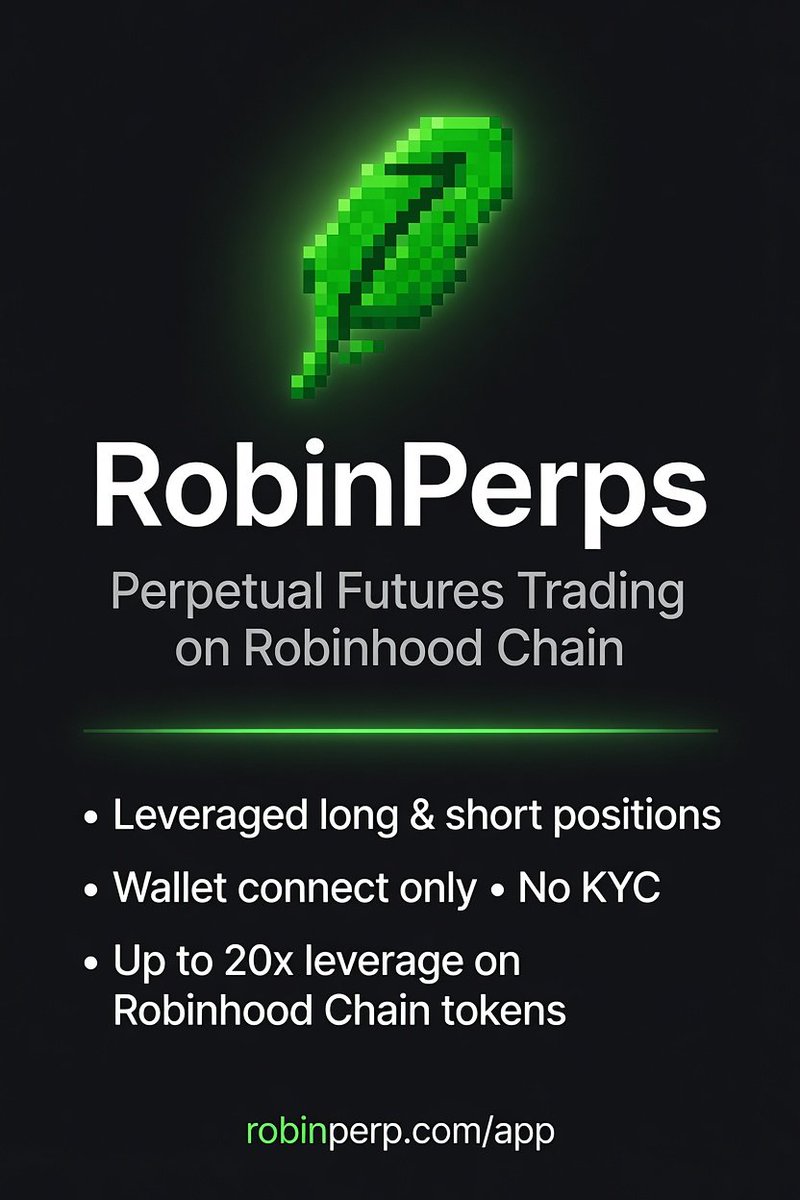 RobinPerps's tweet photo. RobinPerps is a perpetual futures trading platform built for Robinhood Chain.On Robinhood Chain 

you’ll see new tokens launch regularly — memecoins, stock tokens, and other assets. 
RobinPerps lets you trade these with leverage (long or short) without buying or holding the actual token. 

How It works: Connect your wallet → choose a market → pick your leverage (up to 20x on most pairs) → open and manage positions directly on-chain.
You get real-time charts, live funding rates, full position tracking, and PnL updates. No accounts. No KYC. Just your wallet.We currently run 13 markets with decent liquidity and volume. 

If you’re active on Robinhood Chain and want leveraged exposure to the tokens trading there, this is what we built.

Try it: https://t.co/Bux4wk7AgH