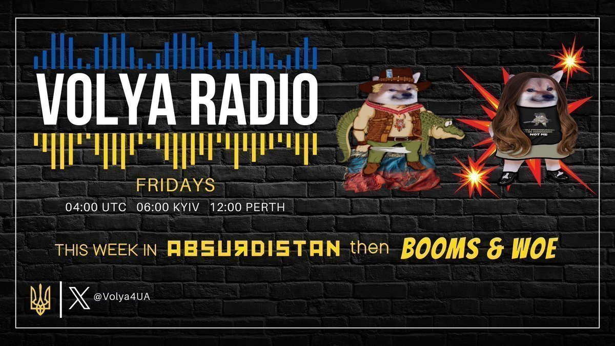 Volya4UA's tweet photo. This Week In Absurdistan w/ Will @willthiel, Wendy @WendyNCALI &amp; Jennie @jenniesjoylab 
11pm  Eastern/6am Kyiv                    
Then                      
Booms &amp; Woe-R18+ w/ Fire Fella @NAFOFirefella &amp; Mockers @OckersM
2am Eastern/9am Kyiv
https://t.co/u7olxx2OlP https://t.co/czTzedRPCP