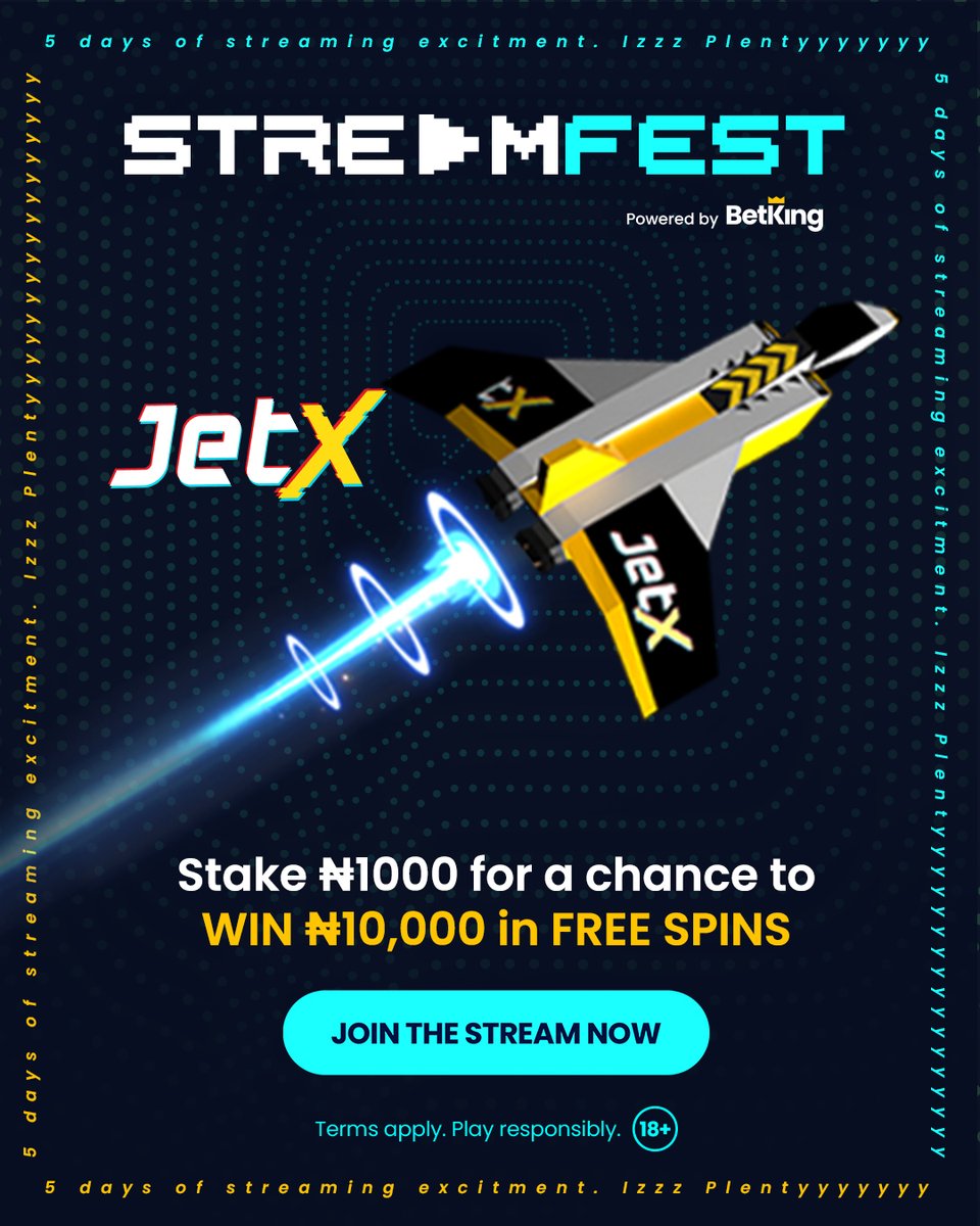 BetKingNG's tweet photo. You neva play JetX today? You dey miss o.  

Play JetX with a minimum of ₦1,000 to win up to ₦10,000 Free Spins.

Join our StreamFest on Youtube to drop your BetKing ID.

#BetKingStreamFest https://t.co/dhQQhlc6Mf