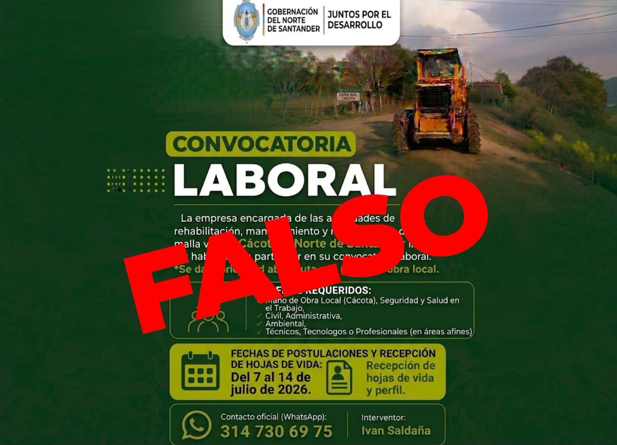GoberNorte's tweet photo. 📢 Comunicado a la opinión pública

La supuesta convocatoria laboral para el mejoramiento vial en Cácota que circula en redes sociales es falsa y no ha sido emitida ni autorizada por la Gobernación de Norte de Santander. ⚠️ https://t.co/lbWsOTqQfQ