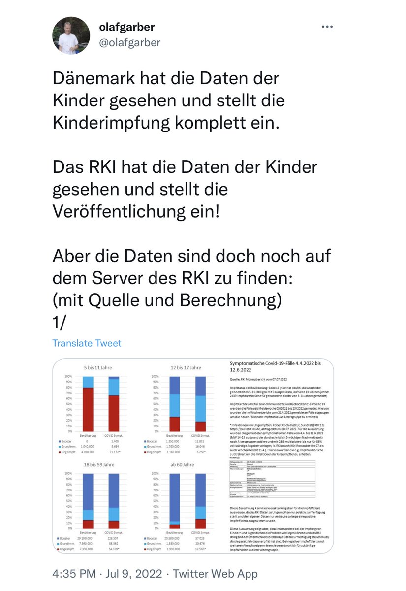 Tom_Bayou's tweet photo. "Dänemark hat die Daten der Kinder gesehen und stellt die Kinderimpfung komplett ein.

Das RKI hat die Daten der Kinder gesehen und stellt die Veröffentlichung ein!"

09.07.2022 #RichtigErinnern https://t.co/I6aivTAurk