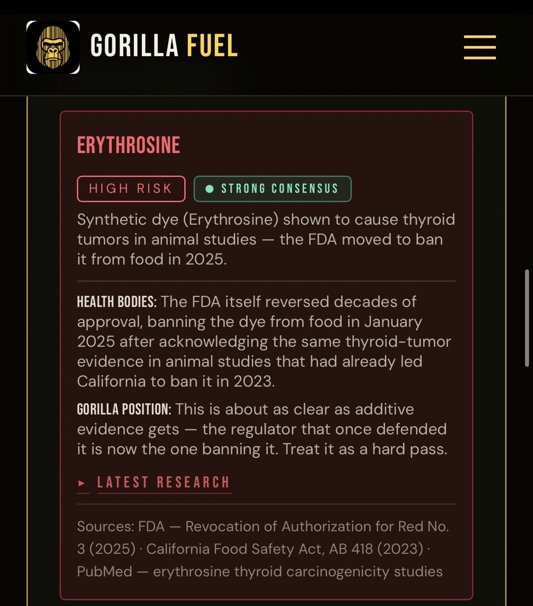 bulps1's tweet photo. Two additives. Both STRONG CONSENSUS.

Erythrosine → HIGH RISK. The FDA banned it from food in 2025. Hard pass.

Citric acid → LOW RISK. It's the sour in lemons. Flagged, zero deduction.

Strong evidence doesn't mean bad It means we're sure.
That distinction is the whole point https://t.co/weEZjSkMQK