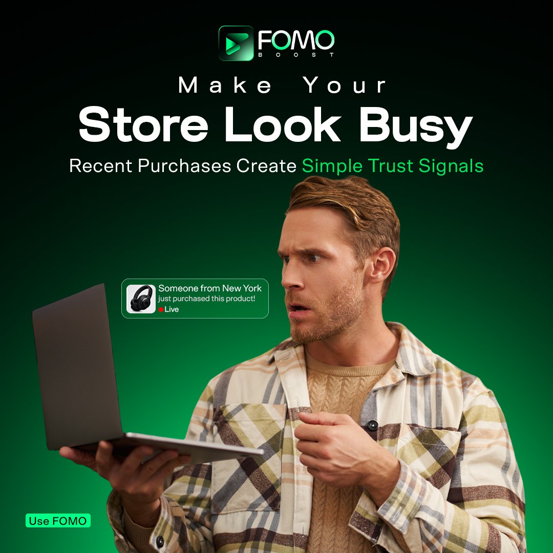 FomoBoost's tweet photo. FomoBoost shows recent purchase notifications so shoppers can see real activity happening in your store. When people notice others are buying, your store feels more active, trusted, and ready for action.

Make your store look busy with FomoBoost.

#FomoBoost  #SocialProof https://t.co/QQpciQL850
