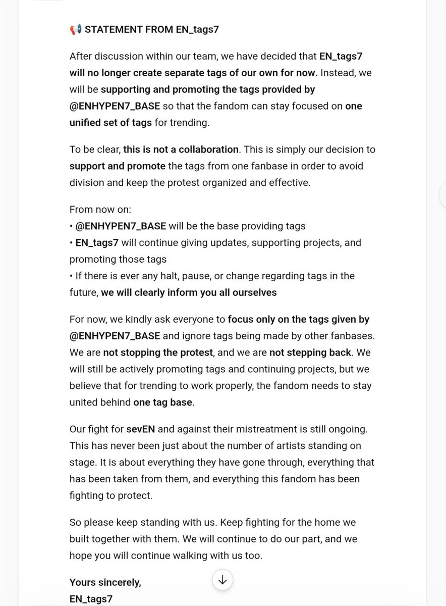 Tags_for7's tweet photo. ATTENTION, ENGENEs! 🔊🩷🤍

Kindly go through this, we will continue fighting for our ENHYPEN! no decision, no misinformation. We look forward to working with you all!
Focus only on tags given by @ENHYPEN7_BASE (this is NOT collaboration) and promote them! https://t.co/ZlbXBL9HOW