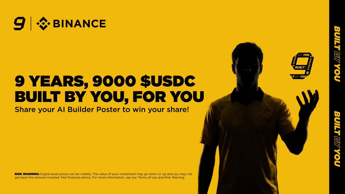 airdroponly321's tweet photo. years of Binance, built by YOU. 💛
To celebrate, we’re giving away 9,000 $USDC! 

Want a share? 

🌕 Follow @Binance &amp; RT
🌕 Share your AI Builder Poster with #BinanceTurns9
@binance https://t.co/fE8cKo6aXV