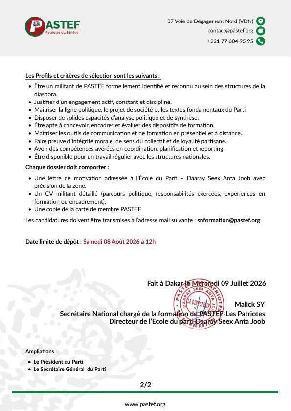 PastefOfficiel's tweet photo. #COMMUNIQUÉ 003/2026: Recrutement des Responsables de Zone. 
——
L’Ecole du Parti Daaray Seex Anta Joob recrute des responsables de Zone au sein des circonscriptions électorales de la diaspora. Cet appel s’inscrit dans la dynamique de structuration et d’harmonisation de la formation militante à l’échelle internationale, afin de garantir une coordination efficace, disciplinée et conforme à la ligne politique du Parti. 

Envoyez votre candidature à : snformation@pastef.org