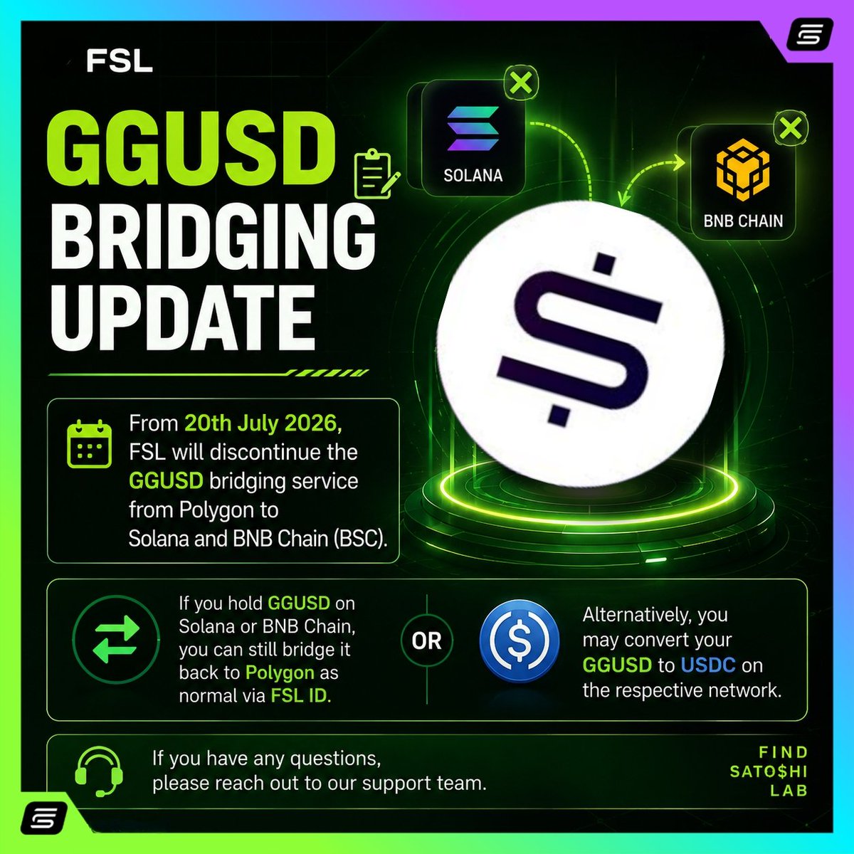 mtg_web3's tweet photo. GGUSD Bridging Update 📝

From 20th July 2026, FSL will discontinue the GGUSD bridging service from Polygon to Solana and BNB Chain (BSC).

If you currently hold GGUSD on Solana or BNB Chain, you can still bridge it back to Polygon as normal via FSL ID. Alternatively, you may convert your GGUSD to USDC on the respective network.

If you have any questions, please reach out us