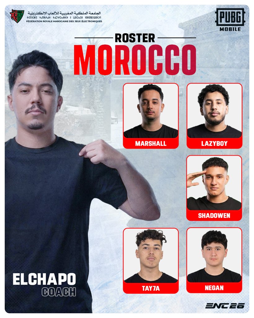 TeamMAR_Esports's tweet photo. Squad locked and loading. 🇲🇦🔥 Marshall • LazyBoy • Shadowen • Tay7a • Negan, led by coach ElChapo.
#ENC26 #TeamMAR https://t.co/rbQttphP7n