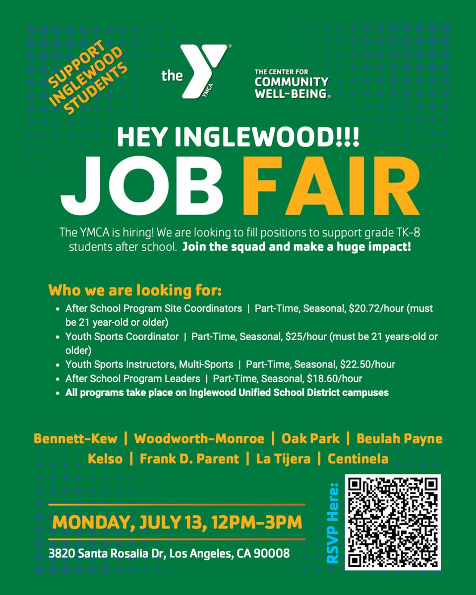 EconOppLA's tweet photo. Ready to make a difference after school? 📚✨ 

📅 Monday, July 13 | 12:00 PM–3:00 PM 
📍 3820 Santa Rosalia Dr., Los Angeles, CA 90008 

👉 Swipe to find the hiring event that's right for you and scan the QR code to RSVP. 

Learn more through your local LA County AJCC. https://t.co/M4ZzOrLlfW
