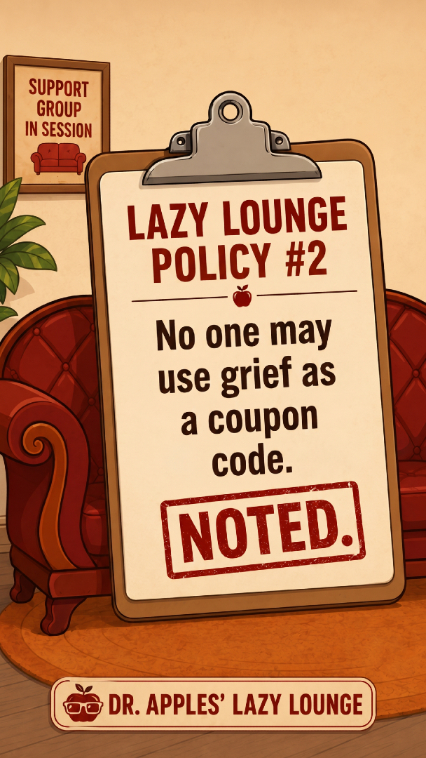 DrApplesWorld's tweet photo. Every support group has rules.

Ours just needed a few... extra.

#DrApples #LazyLounge #LazyLoungeTV #AdultAnimation #Comedy  #Animation https://t.co/NsFGz3nbTX