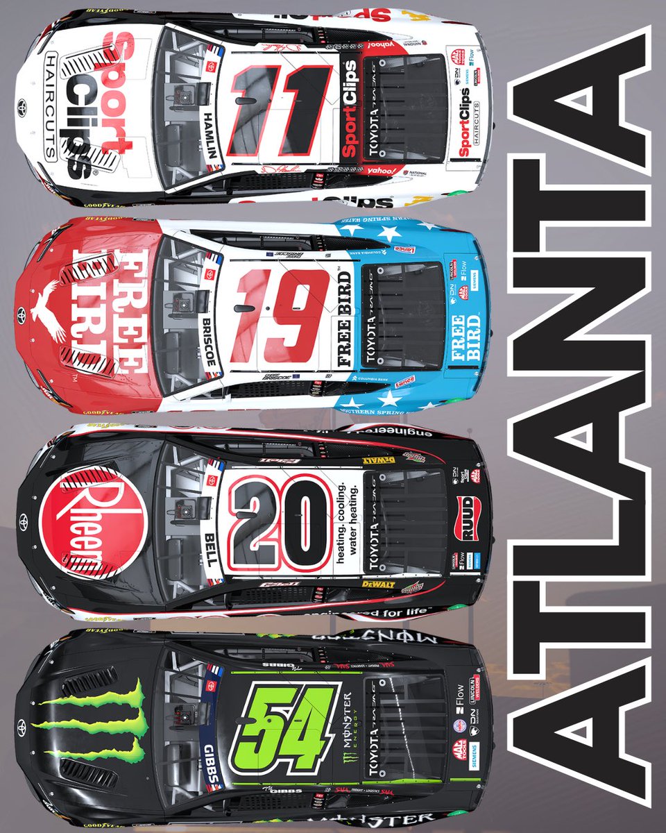 JoeGibbsRacing's tweet photo. Atlanta, we're back! 🔥

Our NASCAR Cup Series paint schemes are set for our second visit to @EchoParkSpdwy this weekend. Ready to chase another strong weekend! 🏁 https://t.co/gIJ70a1hGa