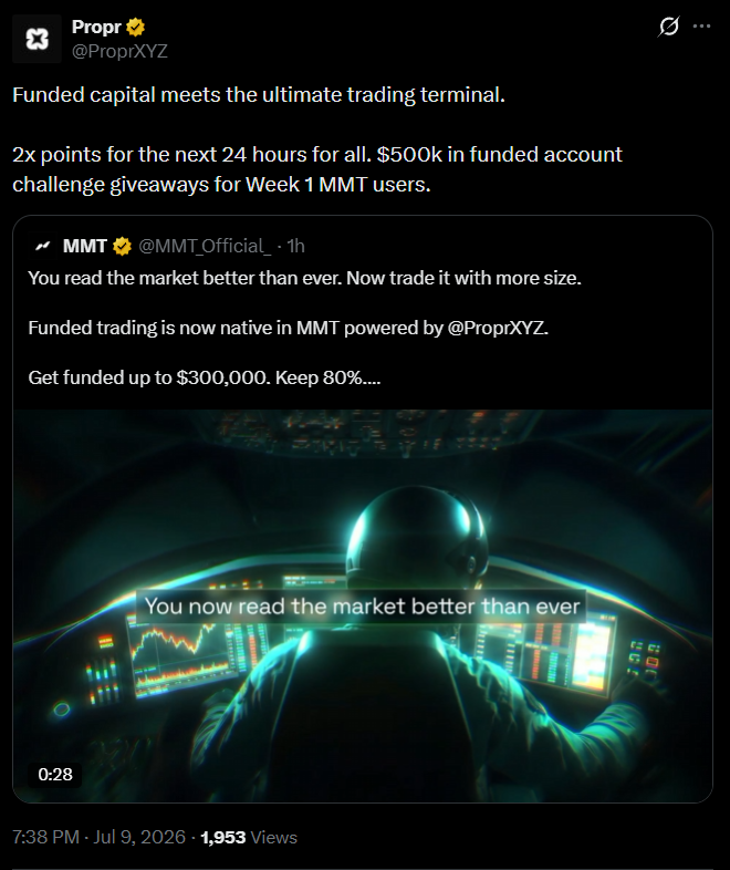 SecretoDefi's tweet photo. ATENCIÓN 📢

Si estabas esperando el momento ideal para empezar a farmear el Airdrop de Propr... este es el momento

Durante las próximas 24 horas, hay un x2 en los puntos para TODOS

Esta campaña se ha lanzado tras anunciar que MMT acaba de sacar también cuentas fondeadas gracias a la infraestructura de Propr

Ellos ofrecen hasta cuentas de $300k y por usarlo durante esta fase temprana, tienes la posibilidad de llevarte una ‼️

Aprovecha que cada vez queda menos tiempo para el Airdrop y así haces un buen 2x1:

🔗 https://t.co/Wcihjh5dS3

¡Eso es todo!