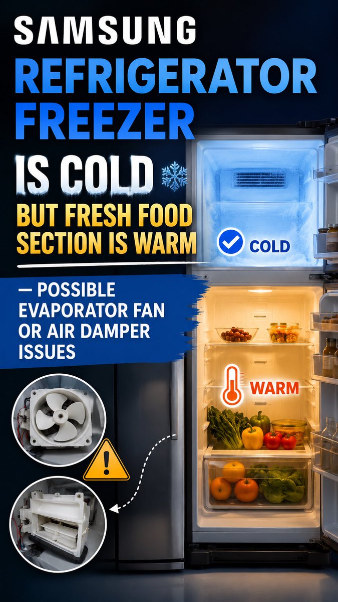 servicenter_sd's tweet photo. Samsung Refrigerator Freezer Is Cold but Fresh Food Section Is Warm?
A faulty evaporator fan, stuck air damper, frost buildup, or airflow problem may be preventing cold air from reaching the refrigerator. Contact San Diego Appliance Repair Service today for fast, expert repair. https://t.co/daXa2hVMrl