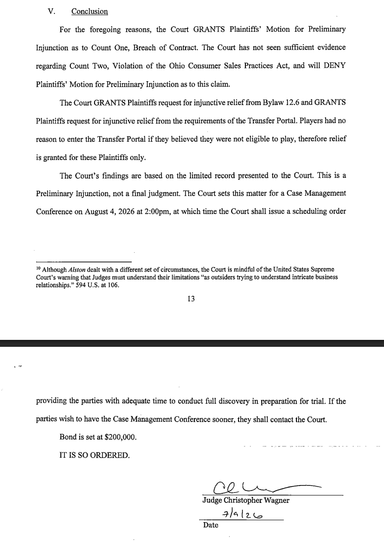PaulFritschner's tweet photo. NEWS: A Hamilton County judge has granted a preliminary injunction to the players suing the NCAA in the state of Ohio in the age-based eligibility (5-in-5) case. https://t.co/CHBm5lkK54