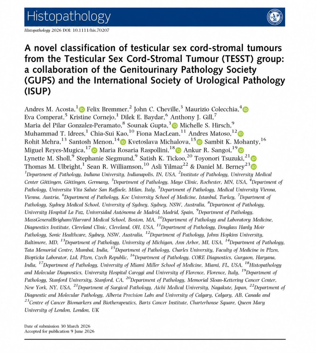 IntSocUropath's tweet photo. New in @Histo_Journal: Collaboration with @GU_Path_Society and @IntSocUropath, introduces a novel classification of testicular sex cord-stromal tumors, integrating morphology and molecular pathology to improve diagnostic consistency #openaccess

🔗 https://t.co/bp9K00Ig8f https://t.co/CD4ukbUALh