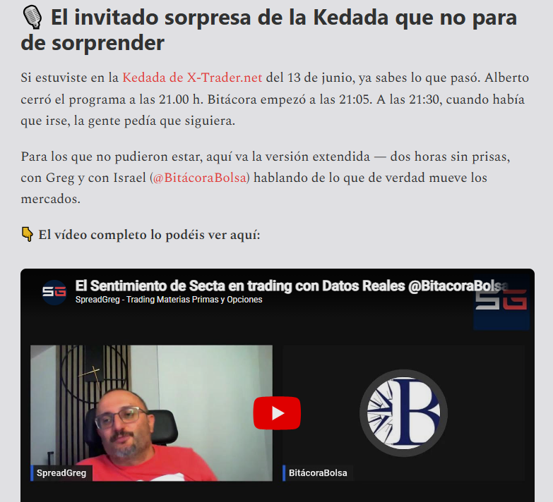 BitacoraBolsa's tweet photo. Y aquí, un artículo de @XTraderdotnet hablando de mis intervenciones tanto en su quedada del 13 de junio, como en el directo de @optiongreg del martes.
Del evento de @XTraderdotnet surgió tb la invitación de Carlos Puig a su programa @escapasistema
https://t.co/sdWZYo1vAd https://t.co/1ZxrmmN1v2
