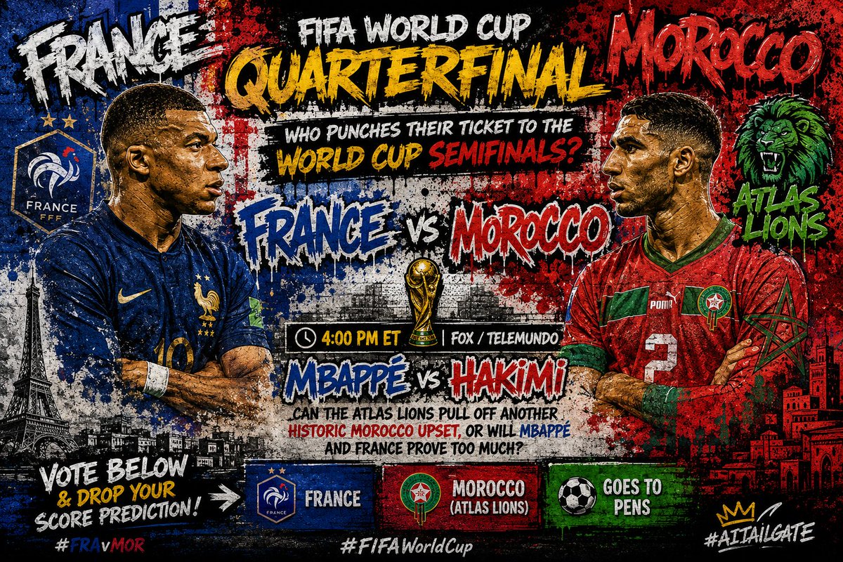 AITailgate's tweet photo. France vs Morocco has that heavyweight knockout feel. 🔥
Mbappé on one side. Hakimi and the Atlas Lions on the other.
One match. One semifinal ticket. Total World Cup pressure.
#FIFAWorldCup #FRAvMOR https://t.co/3j30MC8b7u