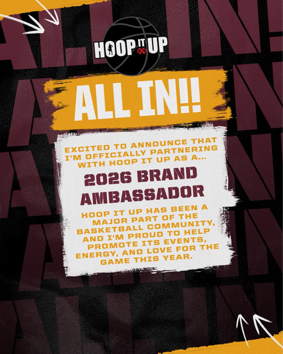 AidenDisu's tweet photo. Excited to announce that Iโm officially partnering with Hoop It Up as a 2026 Brand Ambassador ๐
Hoop It Up has been a major part of the basketball community, and Iโm proud to help promote its events, energy, and love for the game this year.
#HoopItUp #3x3Basketball https://t.co/WRnw79Hywn