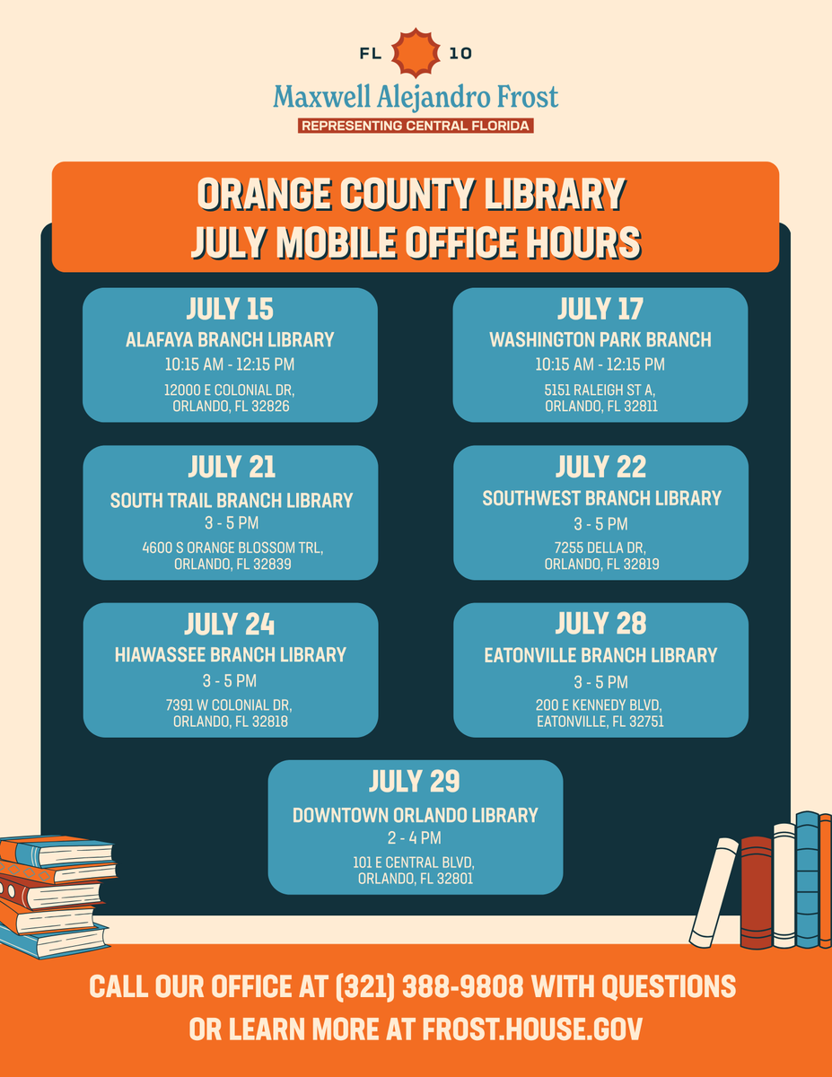 RepMaxwellFrost's tweet photo. No matter what, my office is here to help you. If you're in need of assistance with a federal agency, connect with my team at one of our mobile office hours happening at Orange County libraries across Orlando. 📚 https://t.co/L8uvjRnIs1
