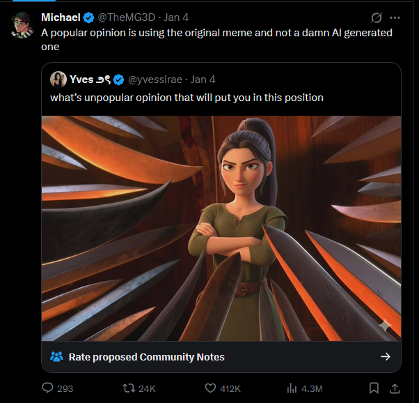 TheMG3D's tweet photo. The fact that this post got 412,000 likes shows how much people hate gen AI and this was in January. I'm sure the hatred for it has grown exponentially since then https://t.co/rtRoYVHrkD