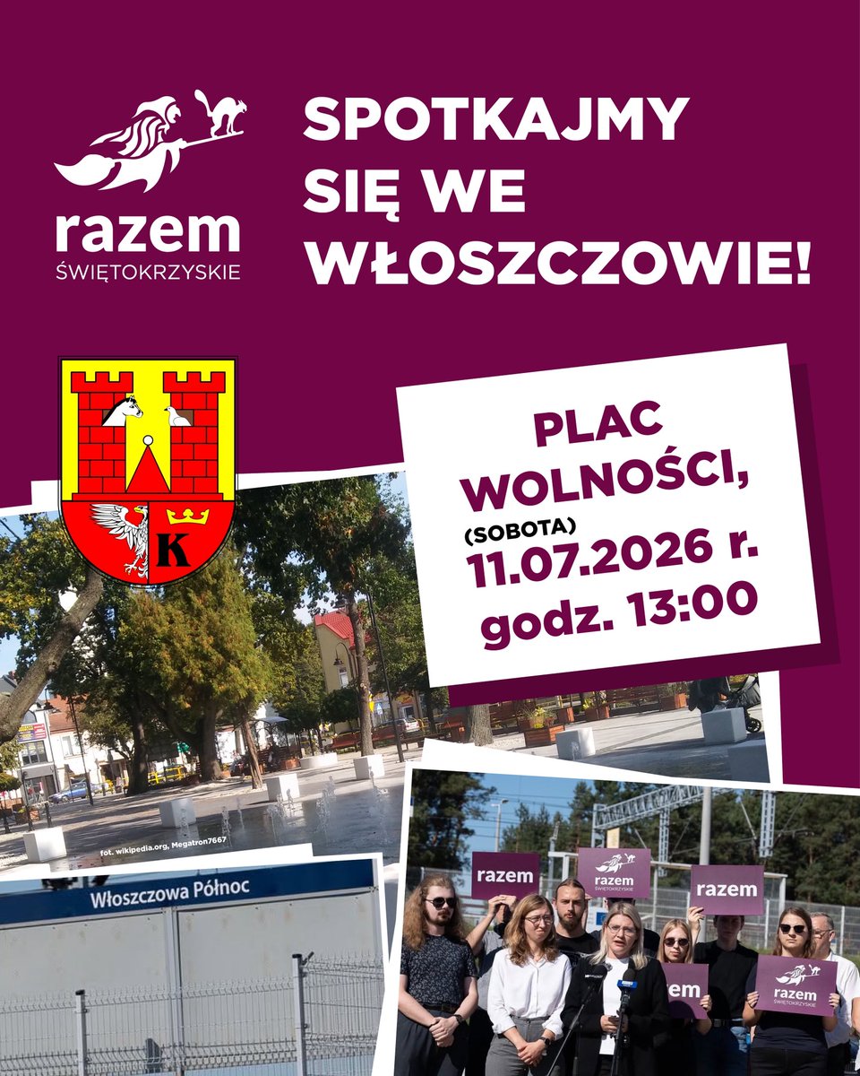 RazemSWI's tweet photo. Wychodzimy do Was – Włoszczowa!

Już 11.07.2026 widzimy się na żywo na Placu Wolności o 13:00. Przyjeżdżamy, żeby porozmawiać o tym, jak wspólnie tworzyć lepsze Świętokrzyskie – tu, na miejscu, zaczynając od Waszych potrzeb 💜 https://t.co/sAb8dYuSKN