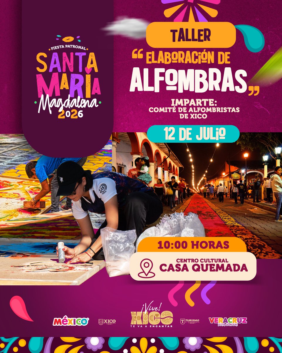 aytoxico's tweet photo. 🎨🌸 Invitamos al Taller de Elaboración de Alfombras, donde aprenderás las técnicas, el proceso y el significado detrás de esta hermosa manifestación cultural.

📅 12 de julio
🕙 10:00 horas
📍 Recinto Cultural Casa Quemada

#SMM2026 #ViveXico #XicoTeVaAEncantar #Xico https://t.co/iMHi1nhxjZ